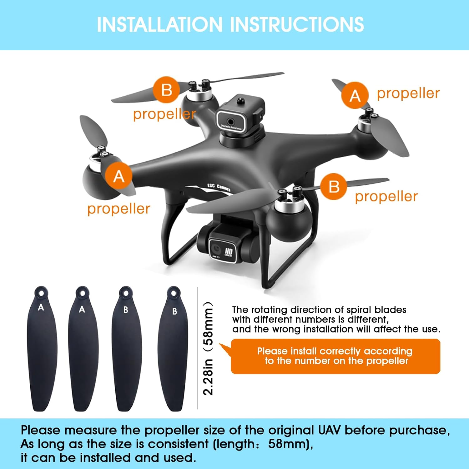 Universal 58mm/2.28In Drone Propellers for S162¡¢S116¡¢S112¡¢XK5¡¢SG108¡¢L108¡¢S3¡¢S9¡¢M8¡¢RG101¡¢A13¡¢S1S¡¢K918 Models - Replacement Drone Accessories with Stable and Low-Noise Operation 16-Pack (Black)