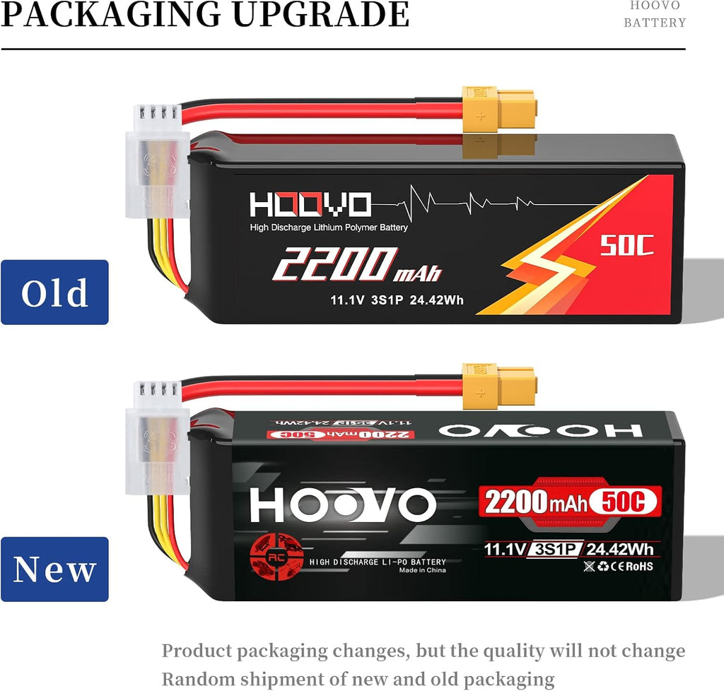 HOOVO 3S 11.1V 2200mAh 50C Lipo Battery with XT60 Connector for RC Helicopter Airplane Quadcopter UAV Drone FPV (2 Pack)
