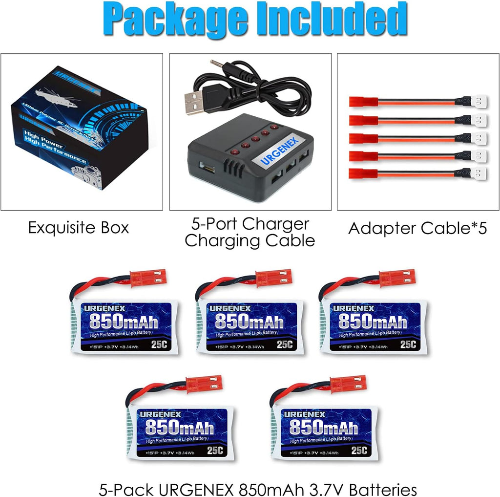 URGENEX 3.7V Lipo 850mah Rechargeable Lipo with JST Plug X5 Charger for MJX Syma Holy Stone Sky Viper RC Quadcopter Drone X56W X400 X400W X300C X400C X800 HS110 HS200 S670 V950hd S1750 V2450