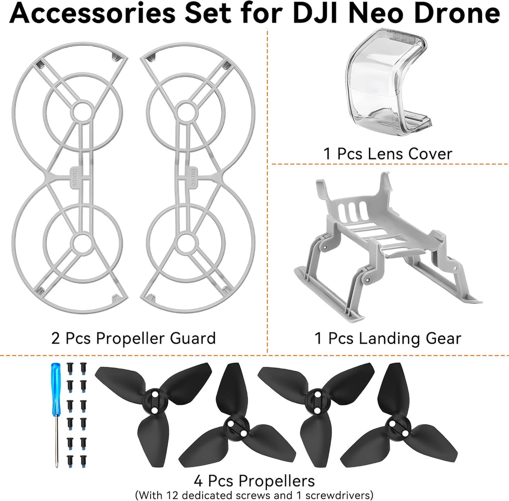 Propellers for DJI Neo Drone - 4Pcs Accessories Set with Propeller Guard Protector Landing Gear Lens Cover Low Noise Props for DJI Neo Drone Accessories Bundles
