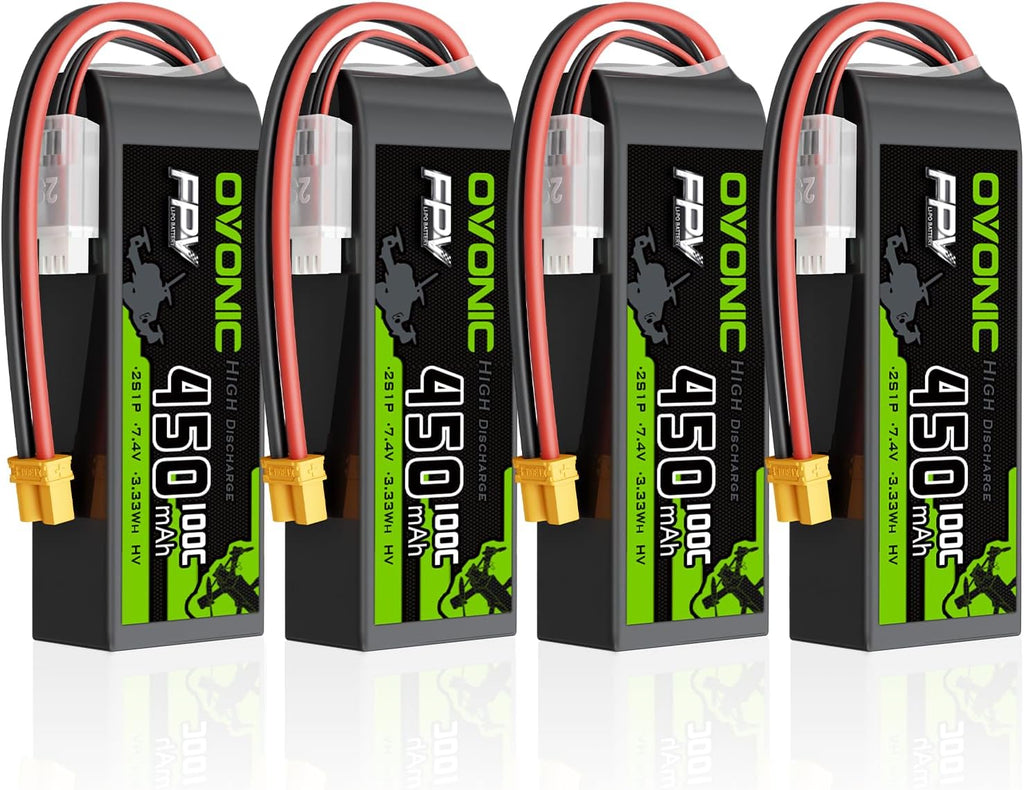 OVONIC 2S 450mAh Lipo Battery 7.4V 100C High Voltage Battery with XT30 Plug for RC Car Truck RC Vehicles Boat Drone RC Airplane Quadcopter Helicopter FPV Racing Hobby Models [4pcs]