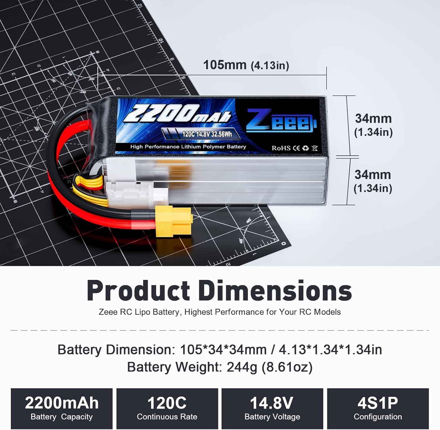 Zeee 4S Lipo Battery 2200mAh 14.8V 120C with XT60 Plug RC Graphene Battery for RC Models RC Boat FPV Drone Quadcopter Helicopter Airplane RC Car(2 Pack)