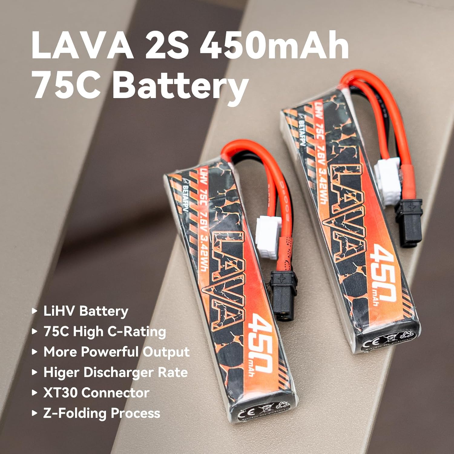 BETAFPV 2pcs Lava 450mAh 2S 7.6V LiHV 75C FPV Lipo Battery with XT30 Connector, Rechargable Lipo Battery, for 2S FPV Racing Whoop Drone Quadcopters Like Meteor85, Pavo Pico 2S Brushless Drones
