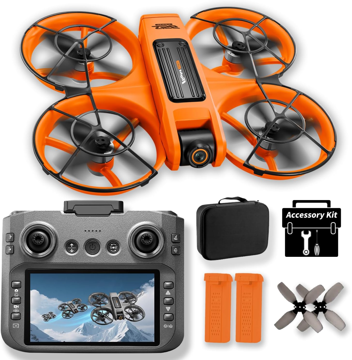 UAVRIAO Drone with 4.5 HD Screen Remote, 2K Dual Camera Quadcopter, Brushless Motors, 360¡ã protective cover£¬ Auto Hover, 30 Min Flight (2 Battery), WiFi FPV, Follow Me, 3D Flip, Headless Mode - Great Gift for Adults,