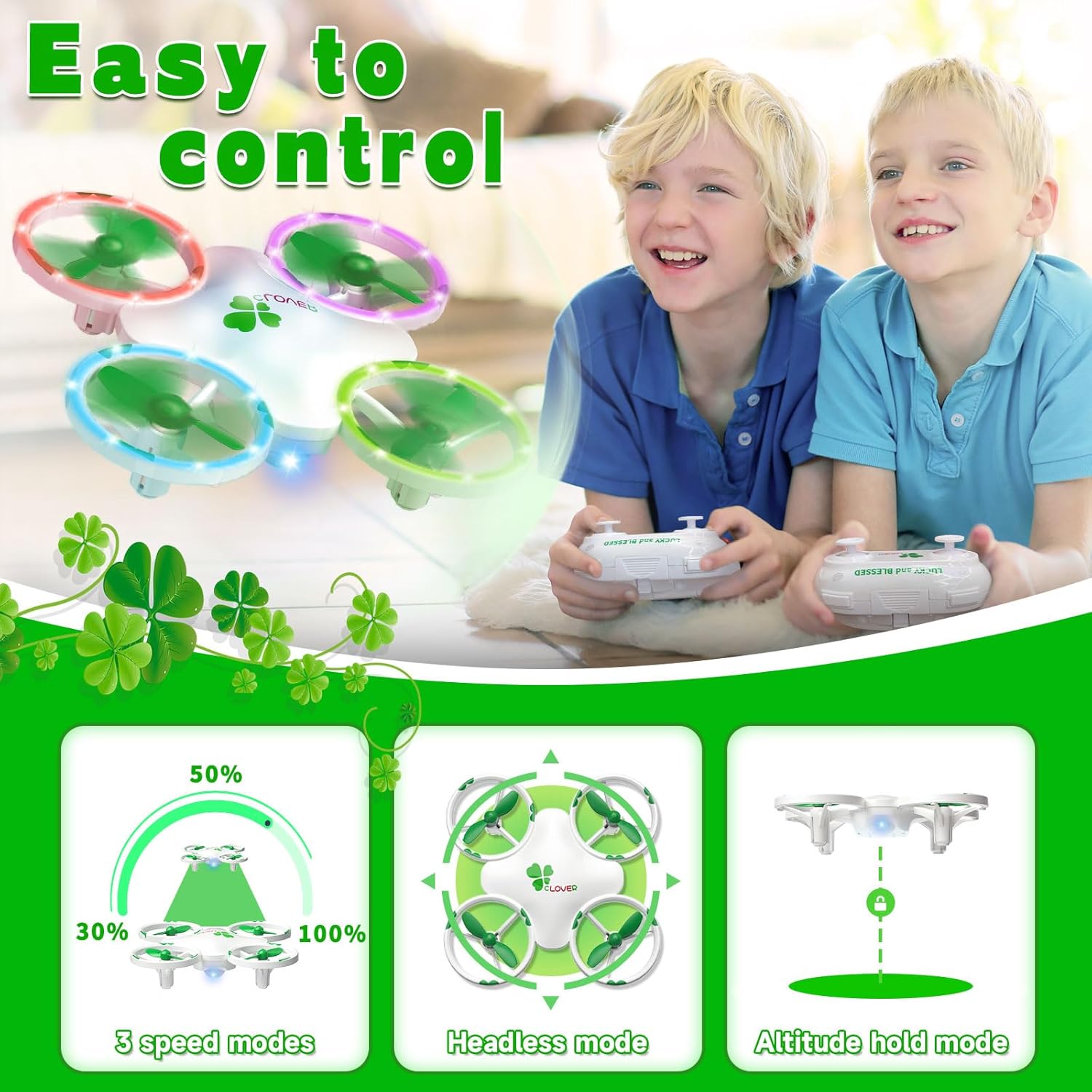 Clover Drone for Kids ¨C Beginner-Friendly LED Quadcopter with Dual Modular Batteries, Easy to Fly, Altitude Hold, One-Key Takeoff, 360 Flips ¨C Gift for Boys & Girls Age 6+