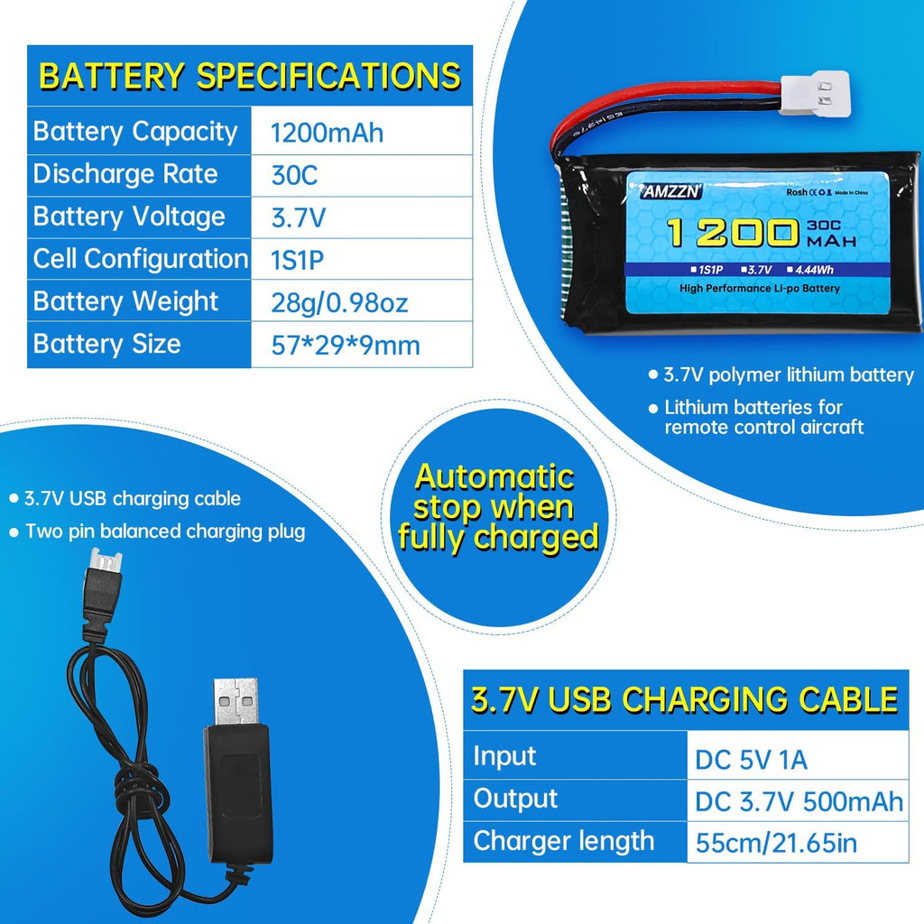 2PCS 3.7V 1200mAh 30C Lipo Battery with USB Charging Cable Molex Plug for SYMA X5SW X5SC X5SC-1 KY601S RC Drone Lithium Battery Accessories (2PCS Battery+2 USB)