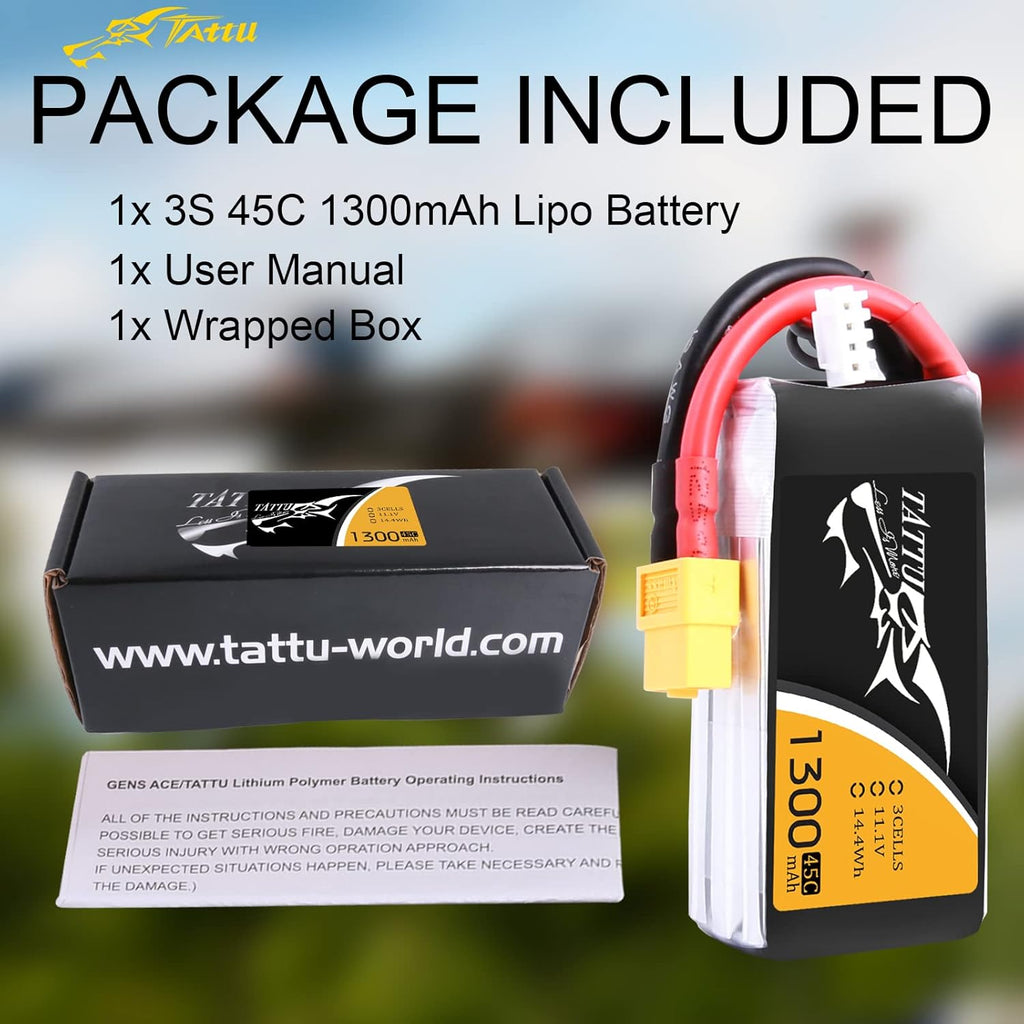 TATTU 3S 11.1V 1300mAh 45C LiPo Battery Pack with XT60 Plug for Eachine Wizard X220 QAV250 QAV180 210 Vortex 285 Mini H FLIP FPV 250S Emax Nighthawk 250 ZMR 250 HOVERSHIP MHQ2