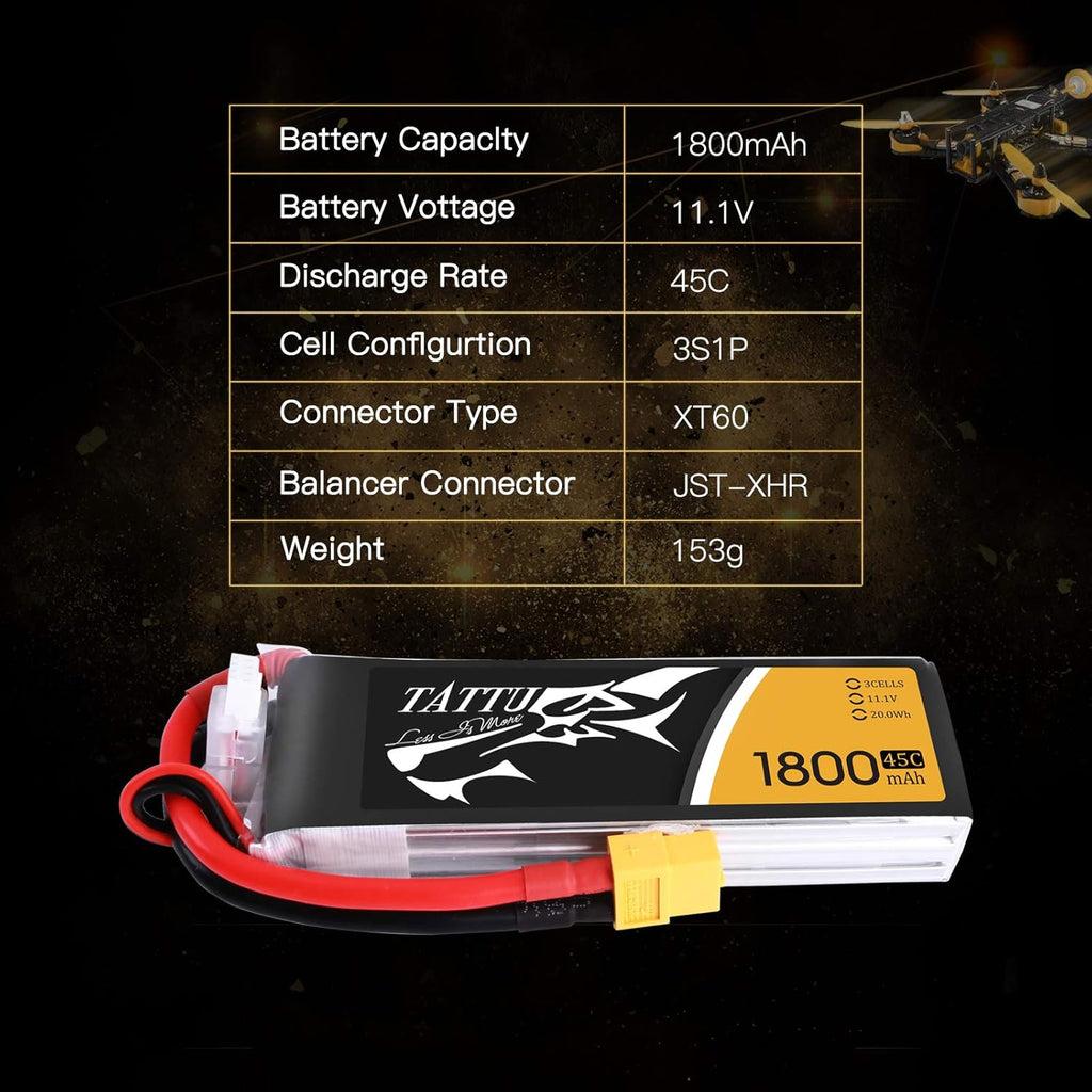 TATTU 11.1V 1800mAh 3S 45C LiPo Battery Pack with XT60 Plug for Skylark M4-FPV250 Mini Shredder 200 INDY250 Plus MOJO 280 QAV250 Vortex Emax Nighthawk 250 RC Heli Airplane UAV Drone FPV