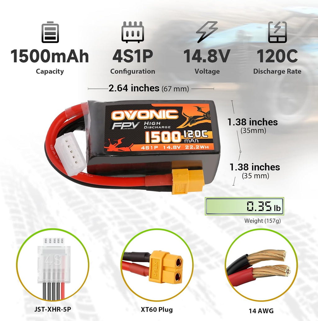 OVONIC 14.8V 120C 1500mAh 4S Lipo Battery Battery with XT60 Plug for FPV Drone Quadcopter Helicopter Airplane RC Boat RC Car RC Models(2 Pack)