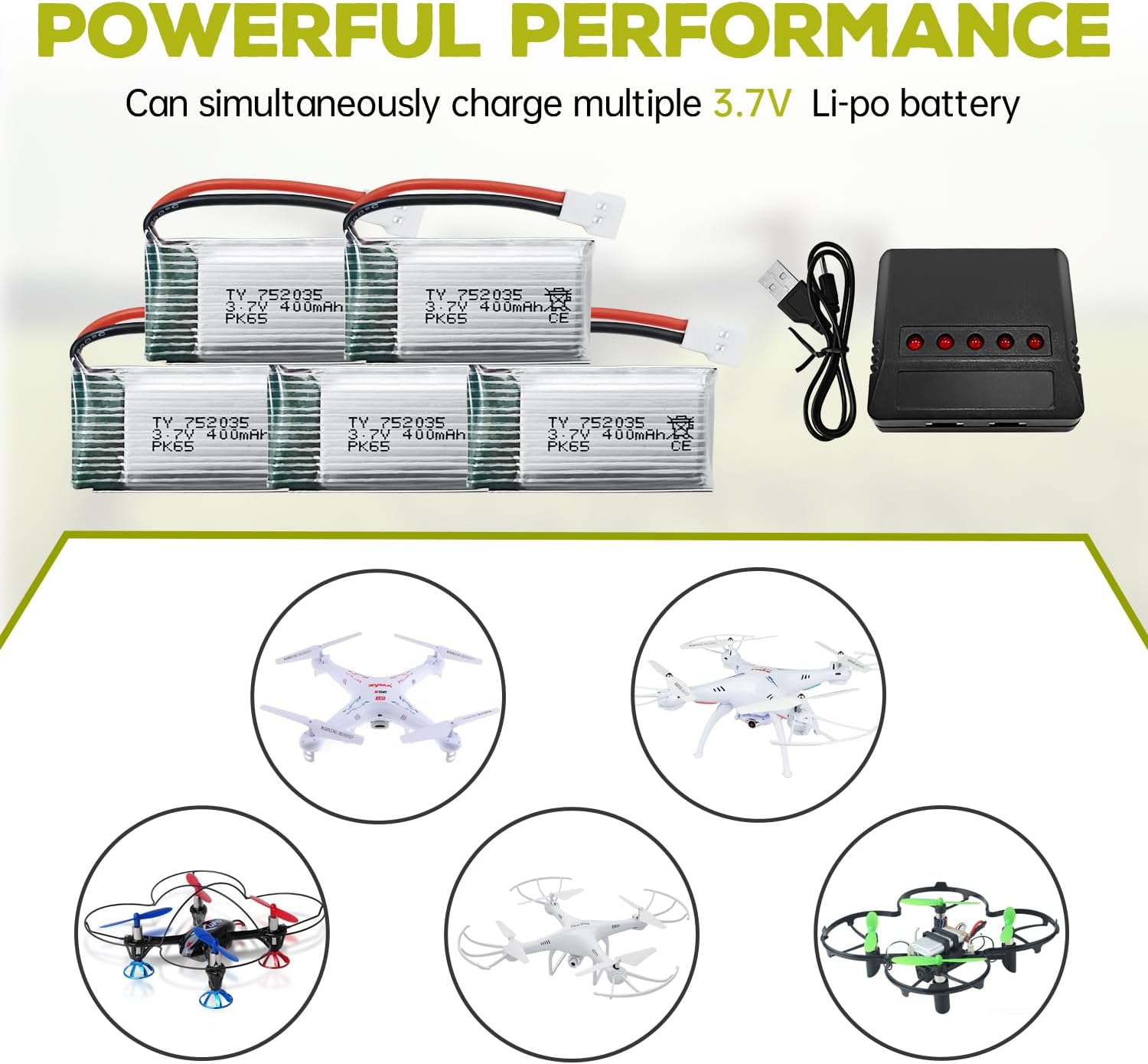 5PCS 3.7V 400mAh High Rate Lithium Battery with 5 in 1 Charger for Hubsan H107C H107L SYMA Q11 X11C HS170C F180C TOZO Q2020 E016H A120 XK A150 H31 TR-P51 TR-F22 AT-96 Four-Axis Aircraft¡­