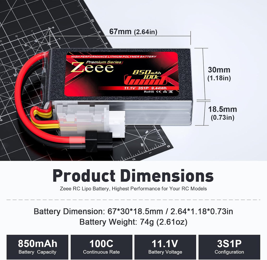 Zeee Premium Series 3S Lipo Battery 850mAh 11.1V 100C with XT30 Plug for FPV Racing Drone Quadcopter Helicopter Airplane RC Boat RC Car RC Models(2 Pack)
