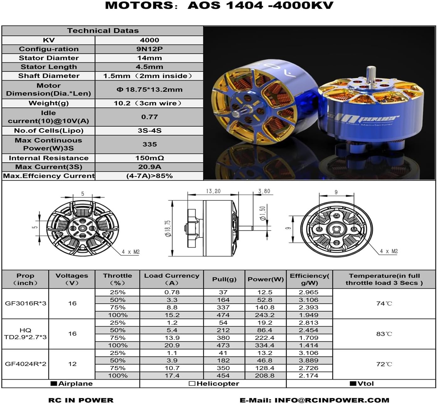 Rcinpower Aos Supernova 1404 4000kv 3S-4S Brushless Motor 2.5-inch and 3-inch Flower Fly Racing FPV Brushless Motor