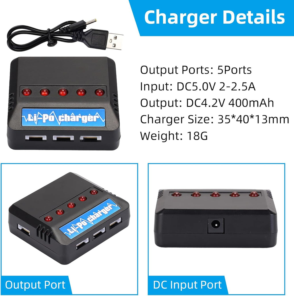 Crazepony 3.7V 400mAh Lipo Battery 5-Pack Lipo Battery with 5-in-1 Battery Charger for Syma H99W H31 H6C H98 TR-C385 TR-P51 TR-F22 Quadcopter