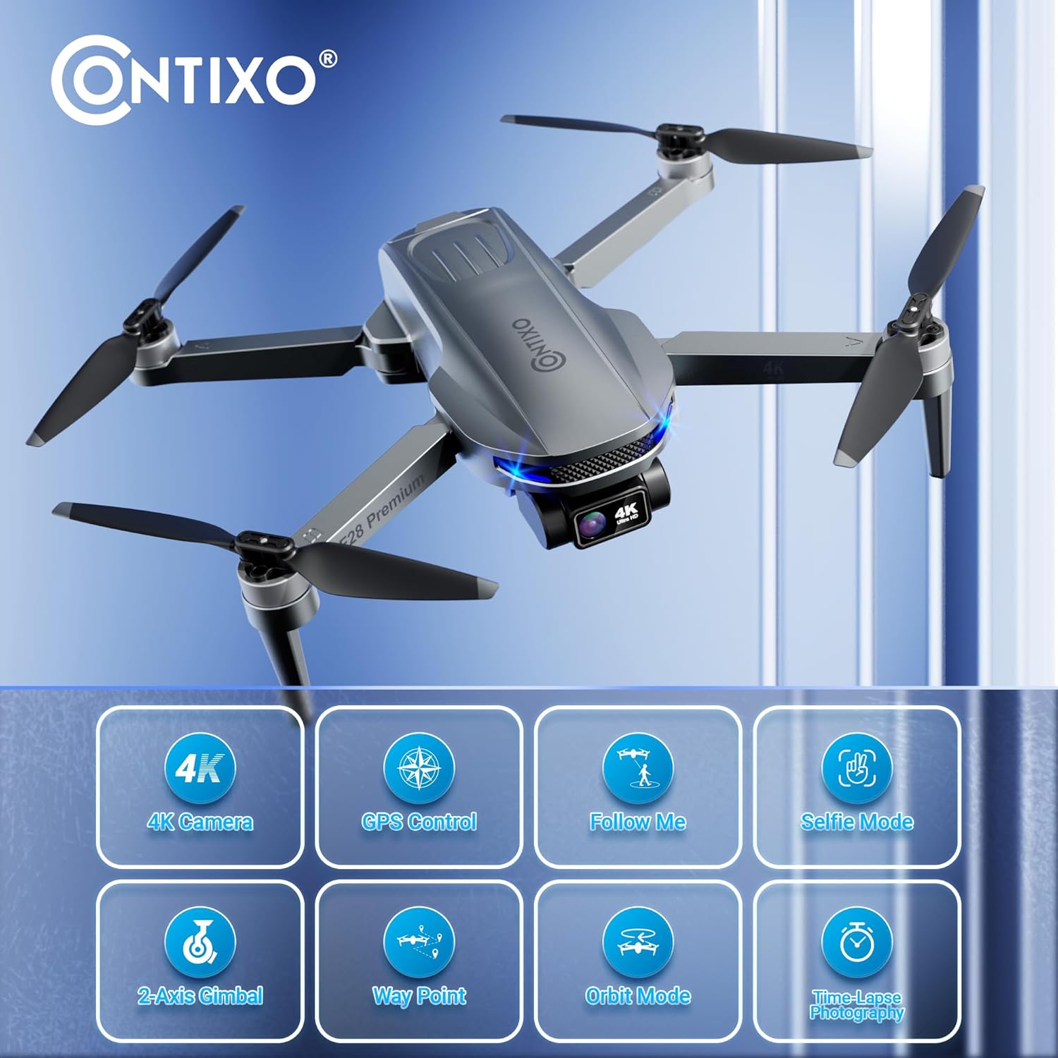 Contixo F28 Premium Two-Axis Gimbal Drone for Adults, 4K Zoom Camera, Brushless Motor, 23 Min Flight, Accurate GPS, Auto Return, Follow Me, 110¡ã Wide-Angle FPV, Portable Foldable Drone for Beginners