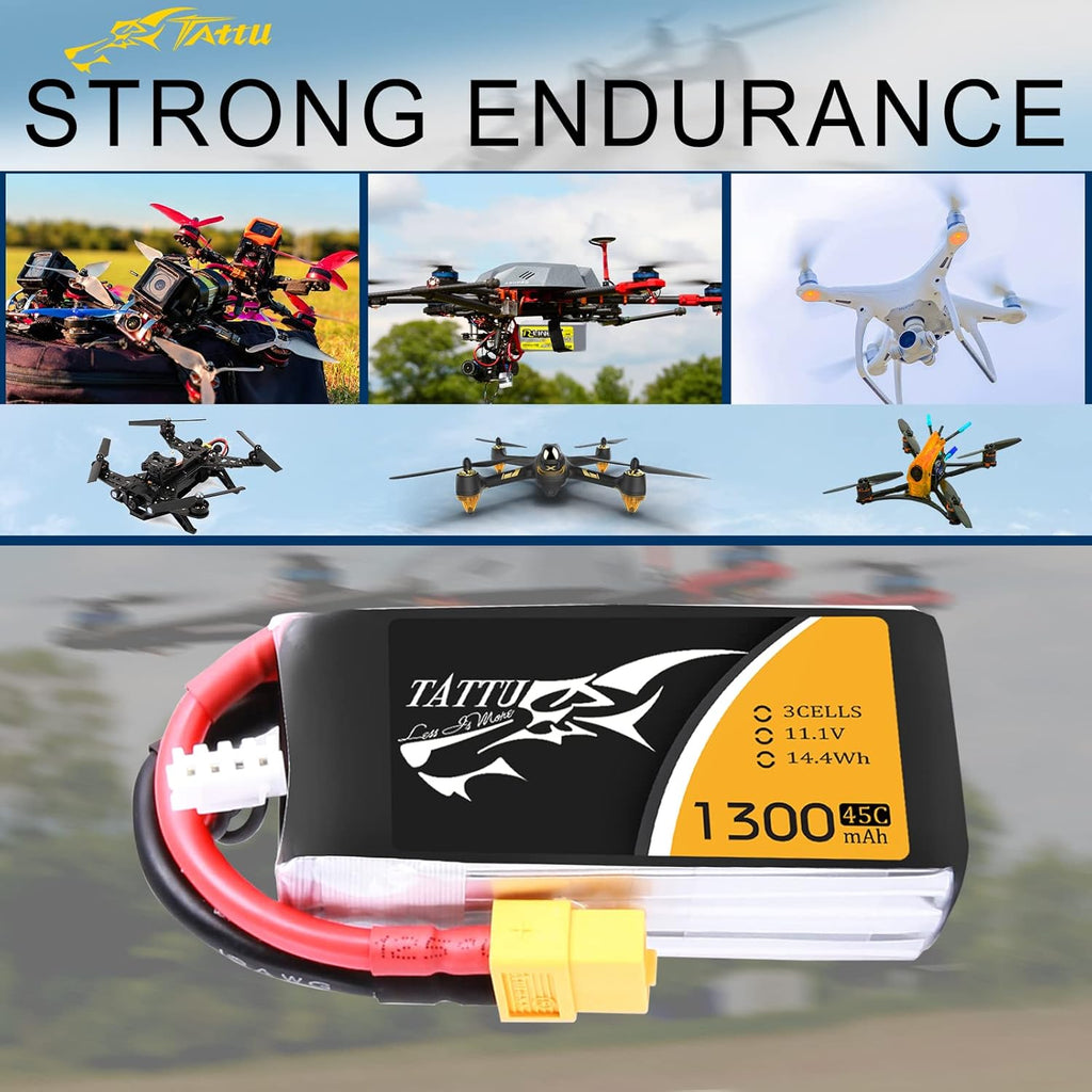 TATTU 3S 11.1V 1300mAh 45C LiPo Battery Pack with XT60 Plug for Eachine Wizard X220 QAV250 QAV180 210 Vortex 285 Mini H FLIP FPV 250S Emax Nighthawk 250 ZMR 250 HOVERSHIP MHQ2