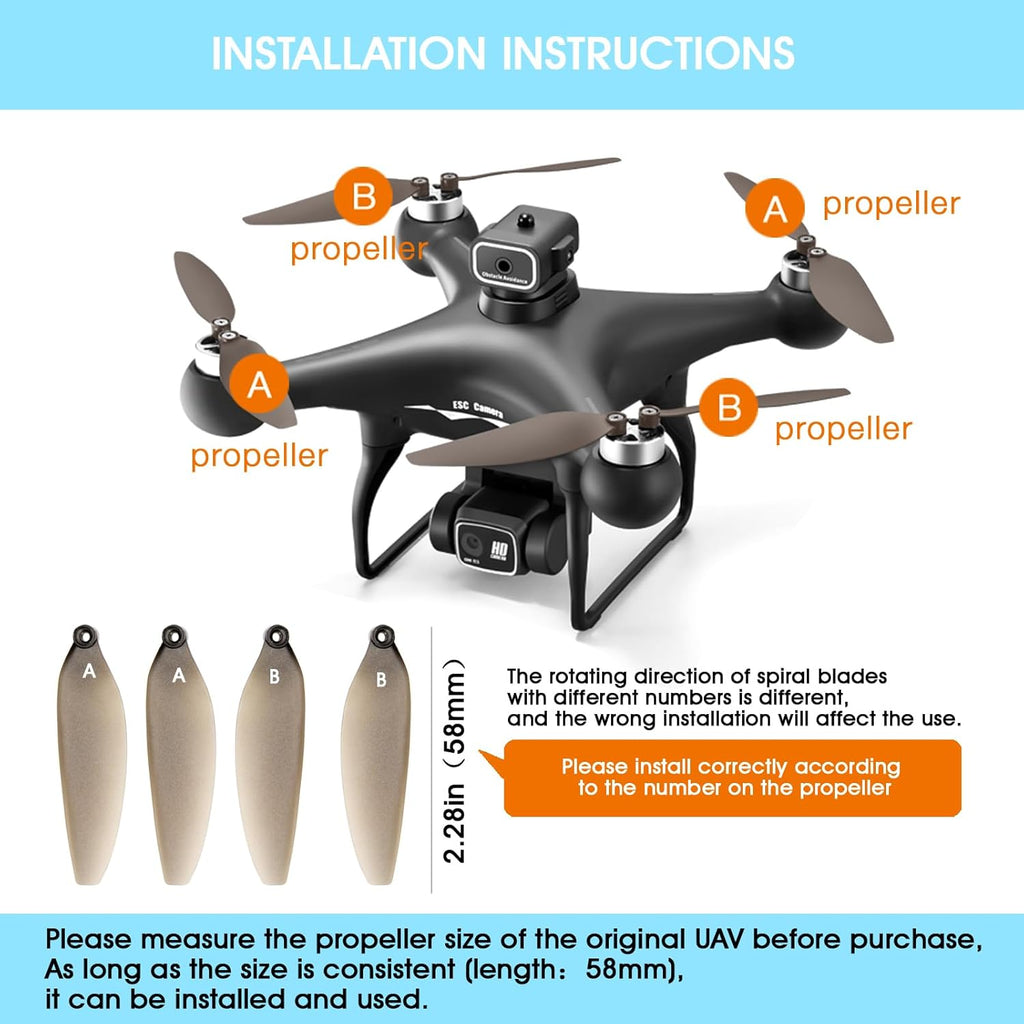 Universal 58mm/2.28In Drone Propellers for E88¡¢E25¡¢K911¡¢S115¡¢S119¡¢A17¡¢S132¡¢F167¡¢X28¡¢X26¡¢L106 Models - Replacement Drone Accessories with Stable and Low-Noise Operation 16-Pack (Gray)