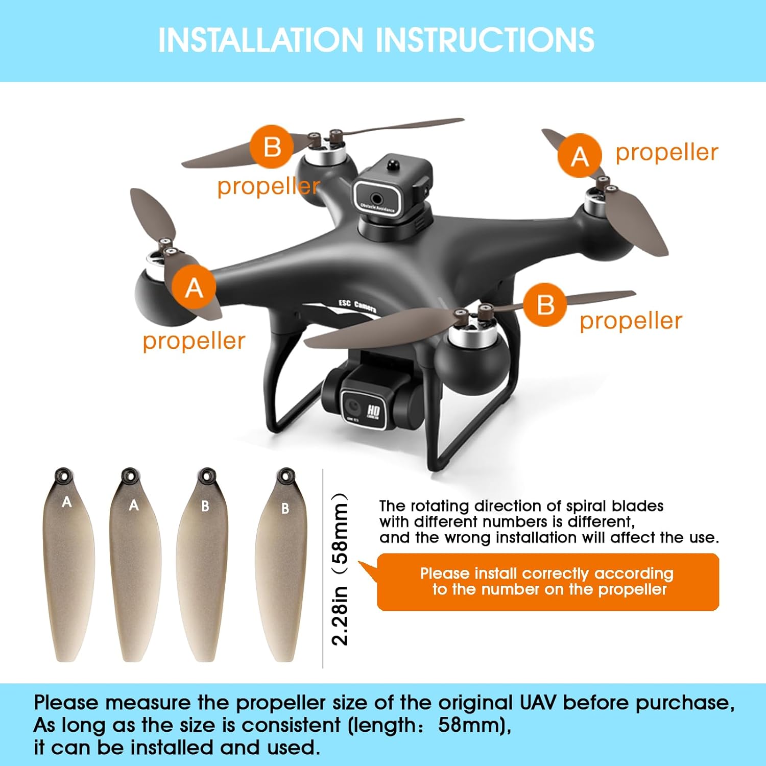 Universal 58mm/2.28In Drone Propellers for E88¡¢E25¡¢K911¡¢S115¡¢S119¡¢A17¡¢S132¡¢F167¡¢X28¡¢X26¡¢L106 Models - Replacement Drone Accessories with Stable and Low-Noise Operation 16-Pack (Gray)
