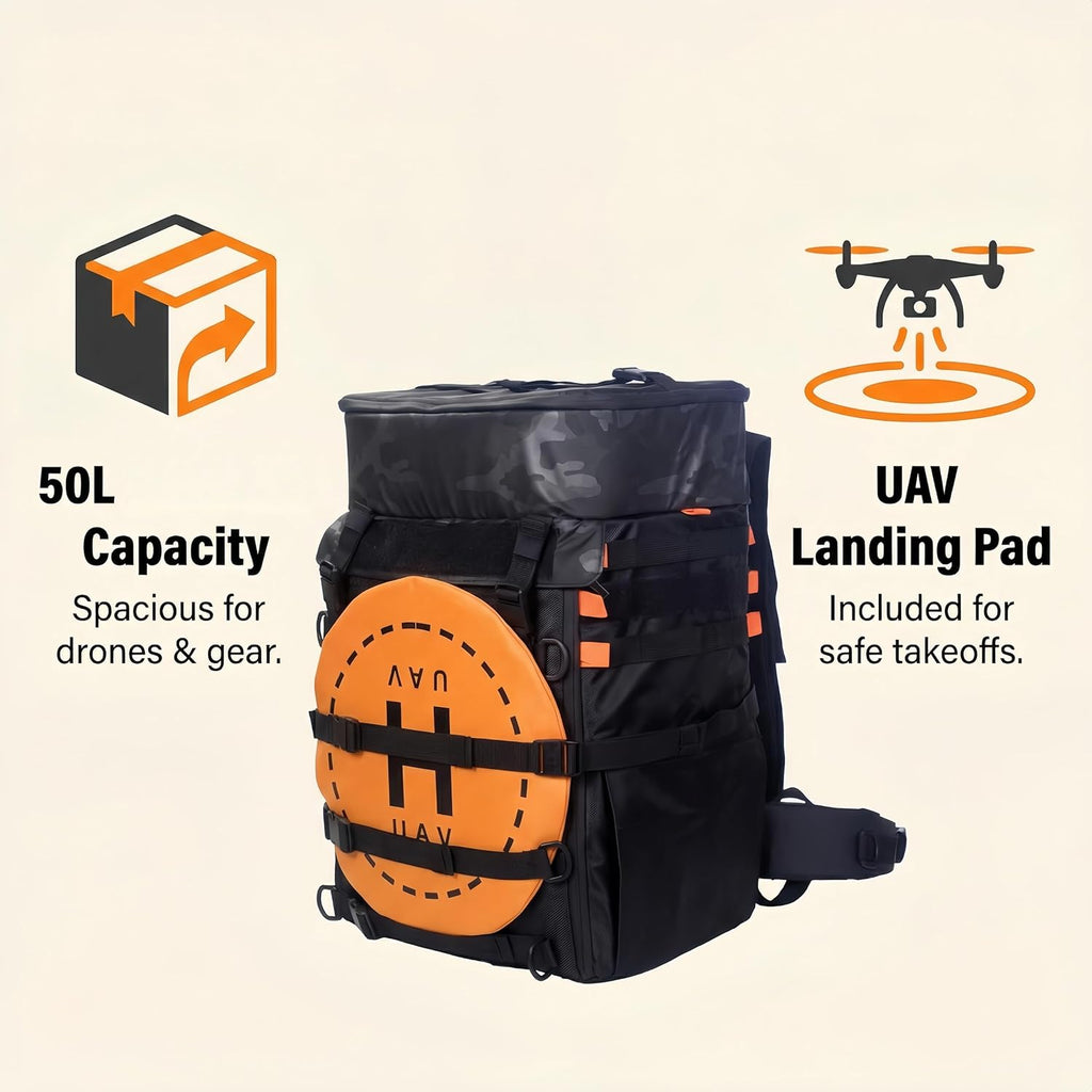 Gardennet FPV Drone Backpack -50L Professional Black Drone Shoulder Bag Case With 20 Inch Drone Landing Pad, Large Waterproof Travel Camera Bag for DJI FPV/Mavic/Air, Controller Combo and Accessories