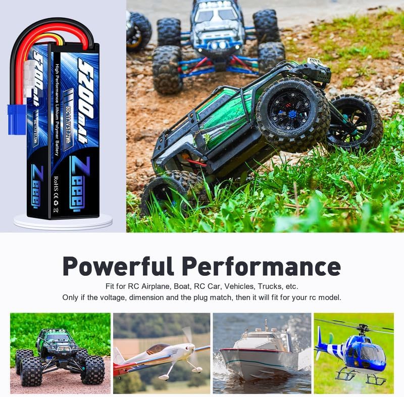 Zeee 3S Lipo Battery 5200mAh 11.1V 80C Hard Case RC Lipo with EC5 Connector for 1/5 1/8 1/10 RC Car Boat Truck Heli Airplane UAV Drone FPV Racing Models(2 Packs)