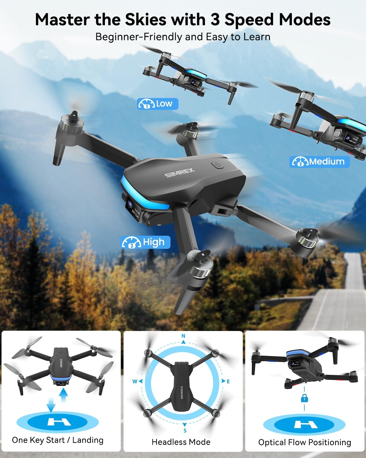 SIMREX Drone with Camera for Adults 4K, Brushless Motor Drones for Kids Beginners, FPV Foldable, Optical Flow & Altitude Hold, WiFi Live Video, Gesture/Voice Controlt,Toys Gifts for Teen Boys (Black)