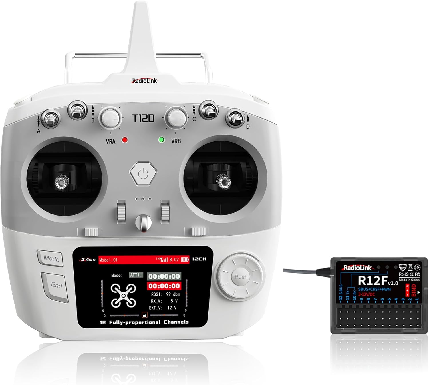 Radiolink T12D 12CH 2.4G RC Transmitter R12F Receiver, Supports ELRS/Crossfire Long Range Modules, 50 Models Storage, 4km Long Range RC Remote Controller for RC Airplane, Drone, Crawler, Car, Boats