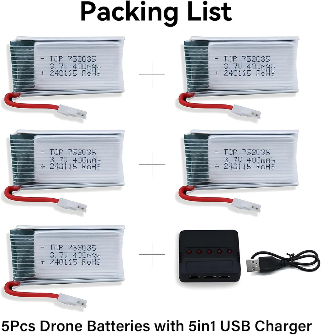 3.7V 400Mah Lipo Battery - 5Pcs Drone Batteries with 5-in-1 USB Charger for Syma Q11 H99W H31 H6C H98 TR-C385 TR-P51 TR-F22 Quadcopter Parts Aircraft Drones Lithium Battery Rechargeable AT-96