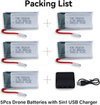 3.7V 400Mah Lipo Battery - 5Pcs Drone Batteries with 5-in-1 USB Charger for Syma Q11 H99W H31 H6C H98 TR-C385 TR-P51 TR-F22 Quadcopter Parts Aircraft Drones Lithium Battery Rechargeable AT-96