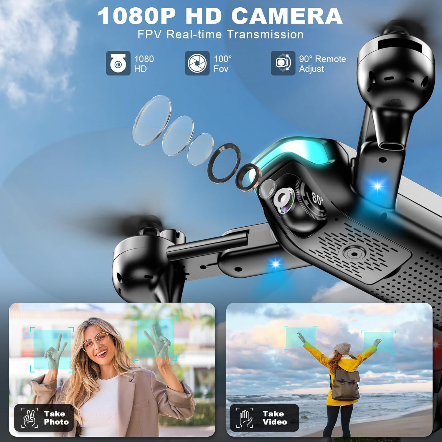 Drone with Camera, Foldable Drone for Beginners with 1080P Camera, Upgrade Altitude Hold, Circle/Rotating/Waypoint Fly, 3D Flip, One Key Start, 3 Speed Mode, 2 Batteries