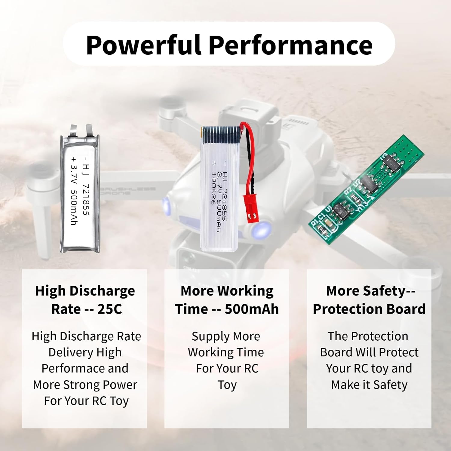 2 Pcs 3.7V 500mAh 25C 721855 JST Plug Rechargeable Lipo Battery with 1S USB Charger for UDI U818A U817A U817 U818A-1 V959 V222 V929 RC Quadcopter Drone