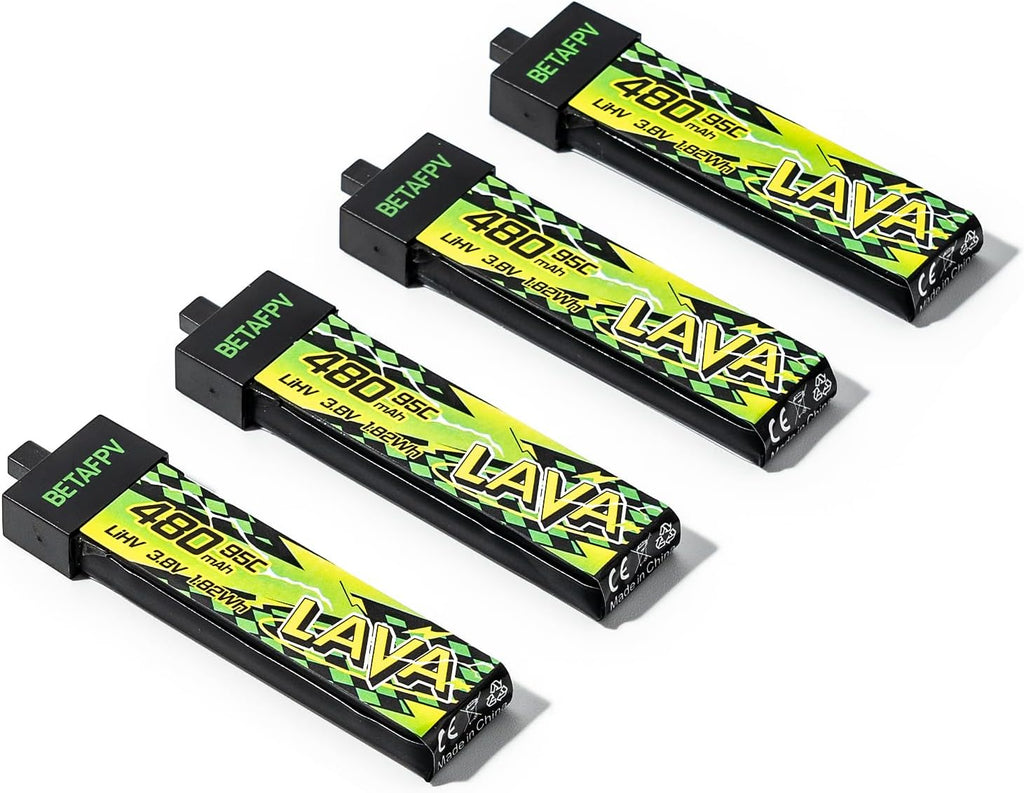 BETAFPV 4pcs Lava II 480mAh 1S Battery 3.8V 95C LiHV Battery with BT2.0 Connector, Compatible with 1-2S Tiny Whoop Drone Quadcopter Like Air75, Meteor75 Pro, Cetus Pro, Cetus X Brushless Drones
