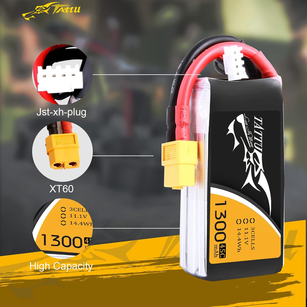 TATTU 3S 11.1V 1300mAh 45C LiPo Battery Pack with XT60 Plug for Eachine Wizard X220 QAV250 QAV180 210 Vortex 285 Mini H FLIP FPV 250S Emax Nighthawk 250 ZMR 250 HOVERSHIP MHQ2