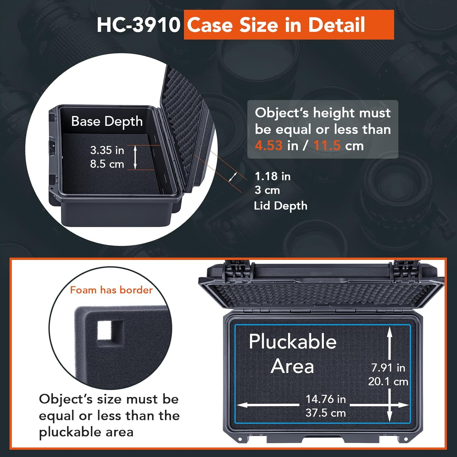 Lykus HC-3910 Waterproof Hard Case with Customizable Foam Insert, Interior Size 15.31x8.94x4.53 in, Suitable for camera, lens, drone, mic, flashlight, telescope, action cam, electronics,tools,and more