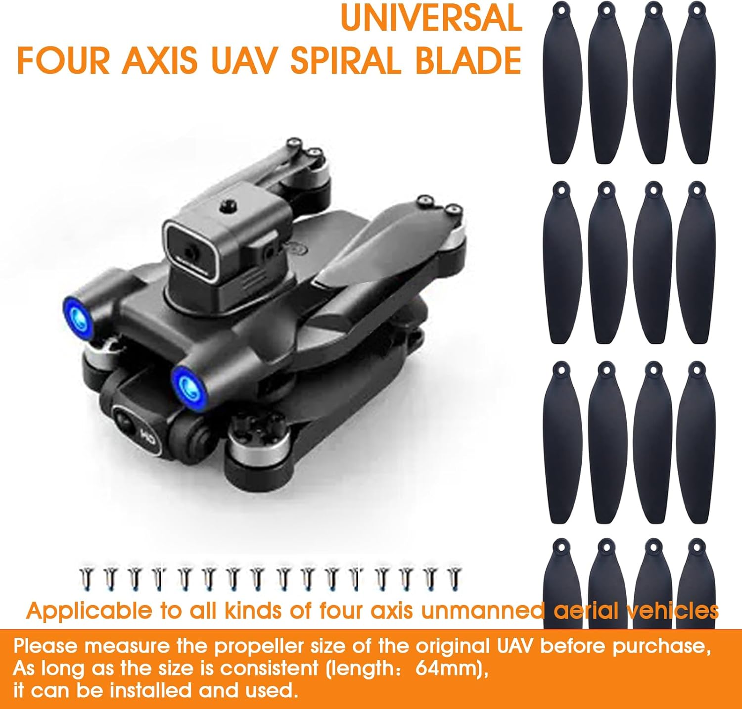 Universal 64mm/2.52In Drone Propellers for S2S, S136,S814,S162 Models - Replacement Drone Accessories with Stable and Low-Noise Operation, Easy Installation and Removal,16-Pack (Black)