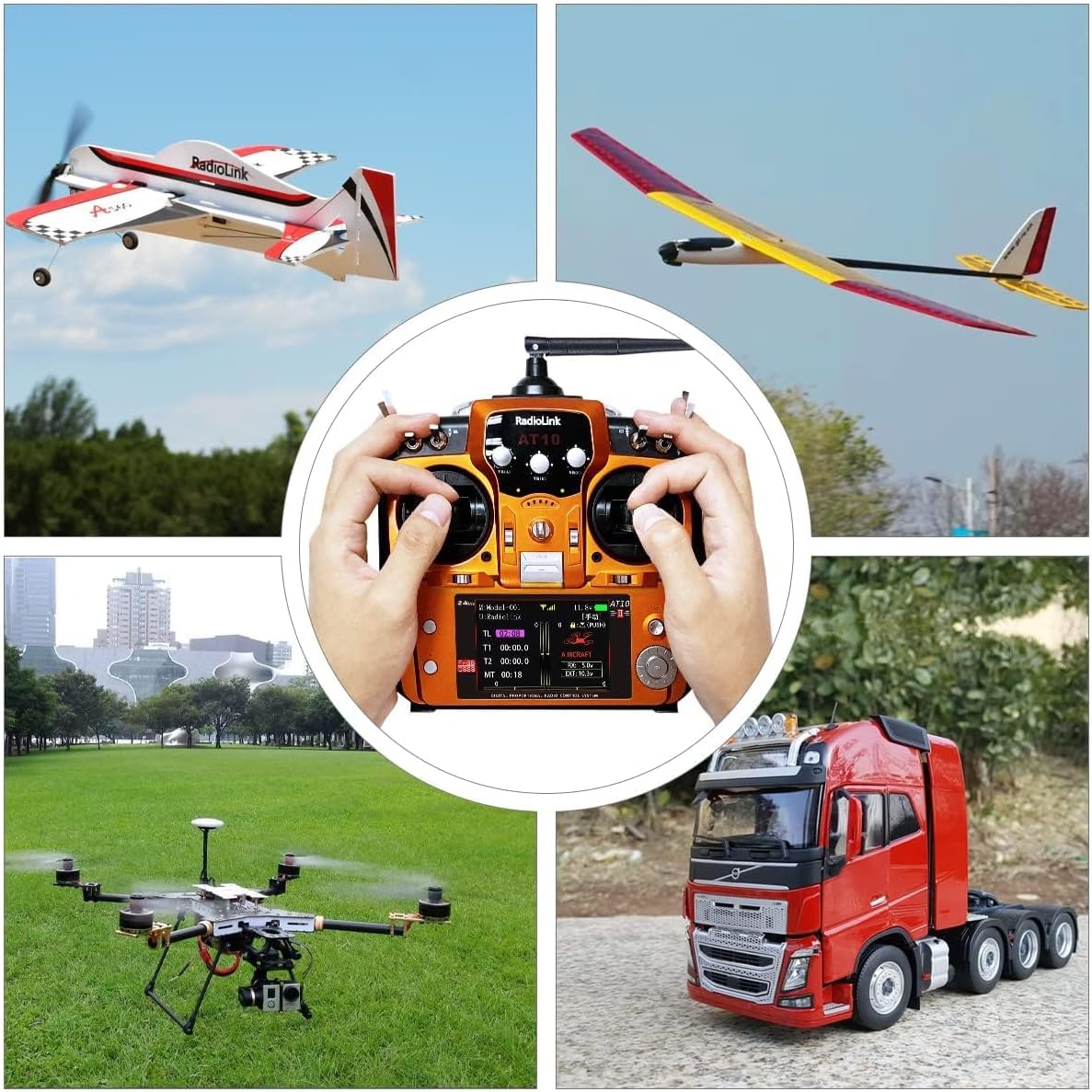 Radiolink AT10II 12 Channels RC Transmitter and Receiver R12DS 2.4GHz Radio Remote, Voltage Telemetry for RC Airplane, FPV Racing Drone, Quad, Helicopter, Car and Boat (Mode 2 Left-Hand Throttle)