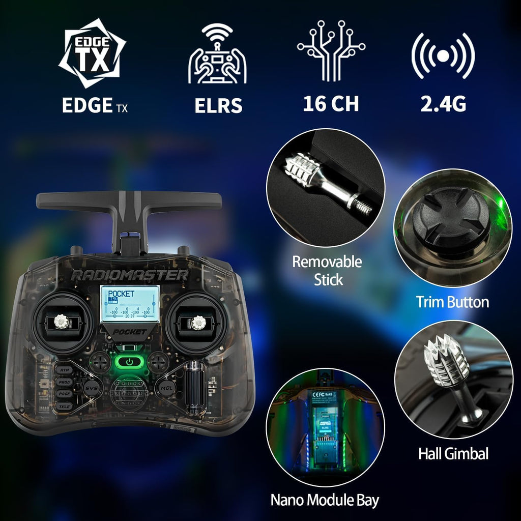 Radiomaster Pocket ELRS Remote Controller Portable Hall Gimbal EdgeTX Transmitter with LED Light for FPV Drone/RC Helicopter&Car Boats&Multirotor (Battery Not Included)
