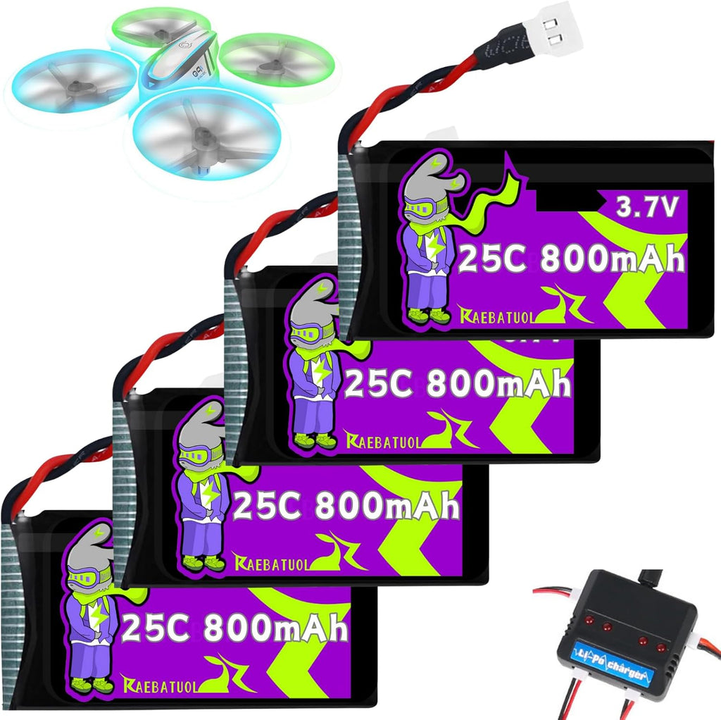 3.7V 800mAh 25C Molex/XH2.54 Plug 802540 Rechargeable LiPo Batteries,Fit for Q9S Drones Force1 UFO Syma X5 X5SW X5C X5C1 Hengqi 905 Cheerson CX-30 BEZGAR HQ053/HQ051 RC Quadcopter with 4 in 1 Charger