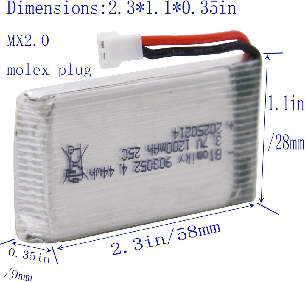Blomiky 2 Pack 3.7V 1S 1200mAh Li-PO MX2.0 Plug 25C Batteries and 2 Cables Suitable for Syma X5SW X5SC RC Quadcopter Helicopter Drone / 3.7V 1200mAh MX2.0 * 2