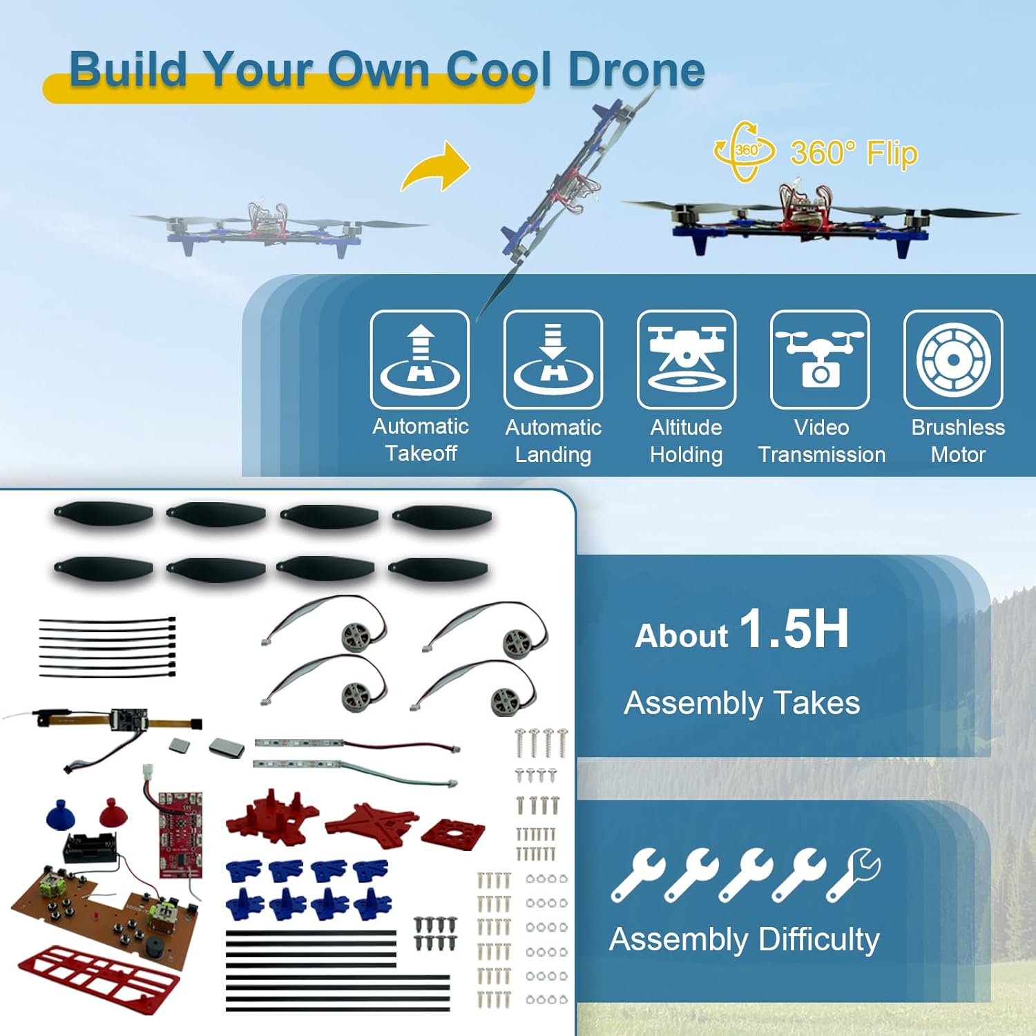 Quadrotor Drone DIY Kit: A Unique STEM Project with Brushless Motor, Optical Flow Hovering, One-Click Takeoff and Landing, and 360¡ã Flip for DIY Enthusiasts to Learn Drone Basics