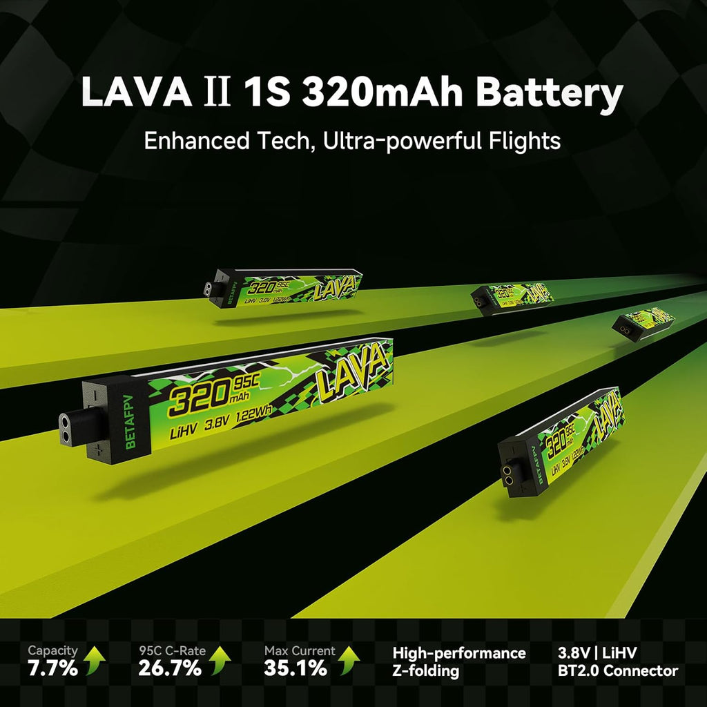 BETAFPV 5pcs Lava II 1S 320mAh Battery 3.8V 95C LiHV Battery with BT2.0 Connector Compatible with 1S Tiny Whoop Drone Quadcopter Like Cetus FPV Kit, Air65, Meteor65 Pro 1S Brushless Drones