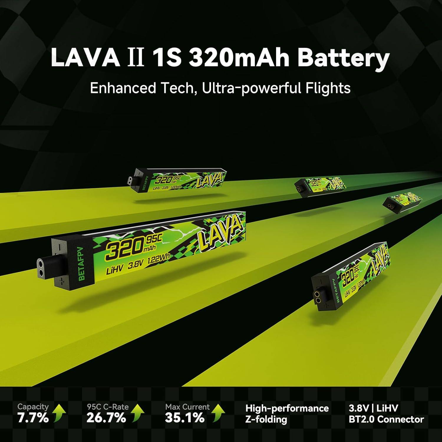 BETAFPV 5pcs Lava II 1S 320mAh Battery 3.8V 95C LiHV Battery with BT2.0 Connector Compatible with 1S Tiny Whoop Drone Quadcopter Like Cetus FPV Kit, Air65, Meteor65 Pro 1S Brushless Drones