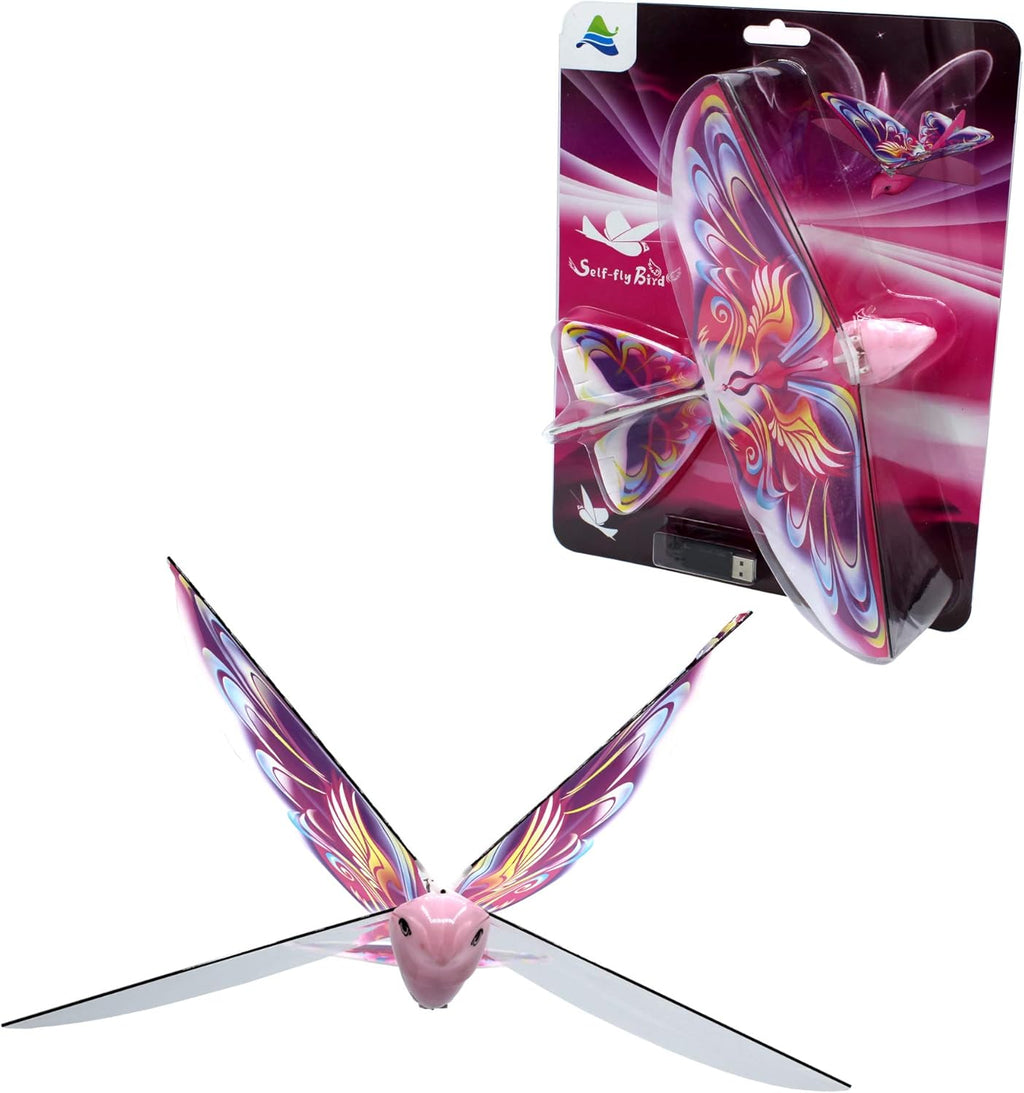 Self Flying eBird Pink Butterfly - Electronic Flying Bird Drone Toy. Adjust The Rudder to Make The Flapping Wings Bird Fly Forward and Back to You. 3 Flying Models! No Remote Control Needed