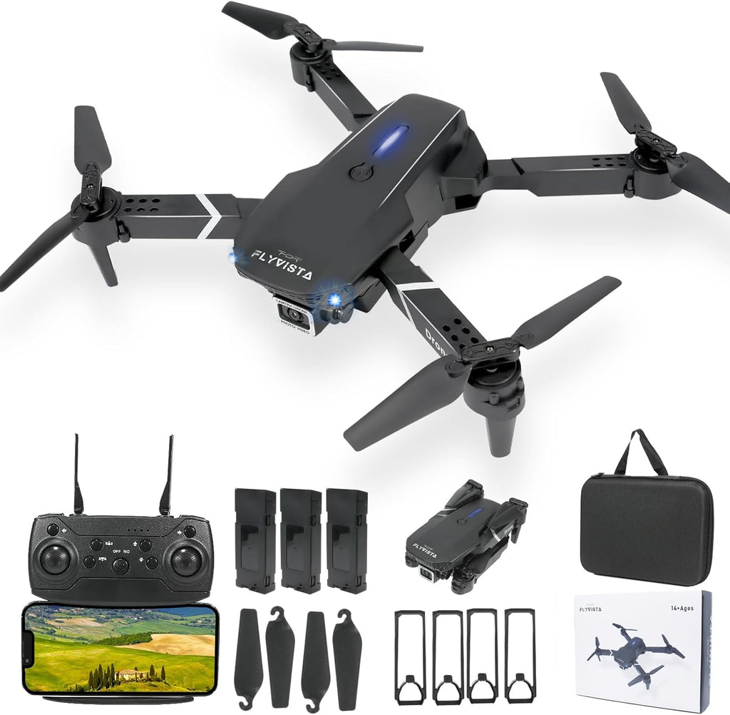 FLYVISTA Mini Drone with Camera for Adults Kids, 1080P WiFi FPV Camera Drone with 3 Batteries, One-Click Take Off/Landing, Altitude Hold, Headless Mode, 360¡ã Flips, 3-Gear Speeds, Emergency Stop, Carrying Case, Toys Gifts for Kids and Adults Beginner