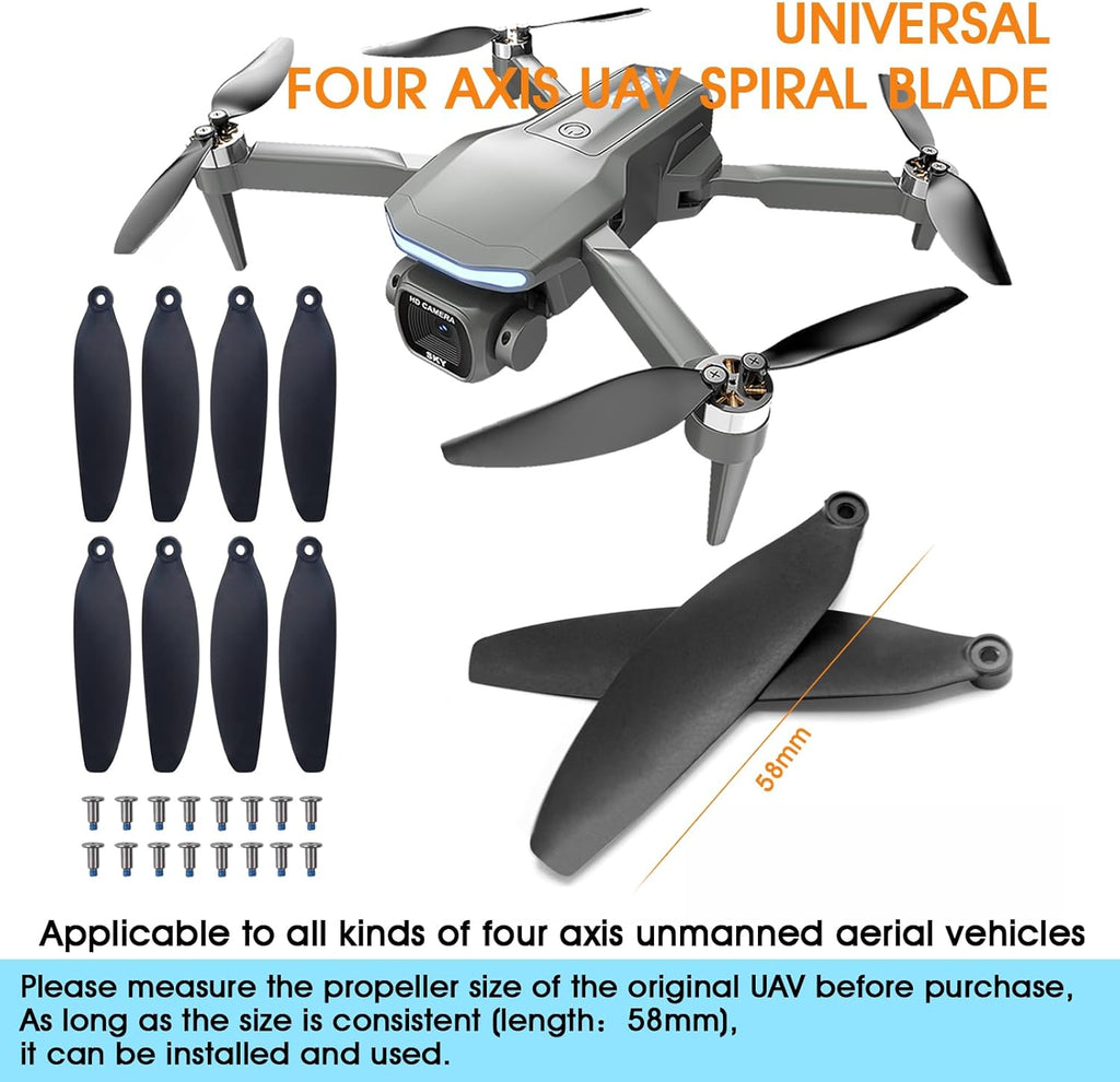 Universal 58mm/2.28In Drone Propellers for S162¡¢S116¡¢S112¡¢XK5¡¢SG108¡¢L108¡¢S3¡¢S9¡¢M8¡¢RG101¡¢A13¡¢S1S¡¢K918 Models - Replacement Drone Accessories with Stable and Low-Noise Operation 16-Pack (Black)