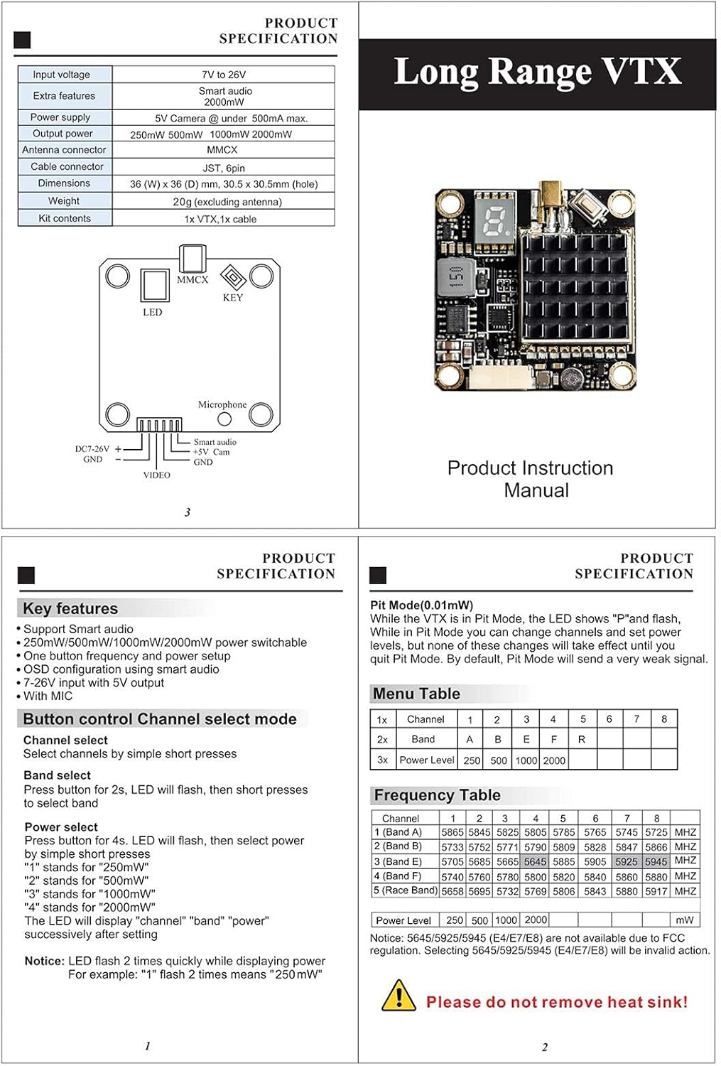 5.8GHz FPV VTX PIT/250/500/1000/2000mW Long Range Switchable Transmitter Support OSD Configuration Using Smart Audio and Microphone with MMCX, FC Uart for Racing Drone RC Drones Quadcopter RC Car