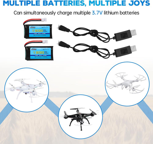 2PCS 3.7V 1200mAh 30C Lipo Battery with USB Charging Cable Molex Plug for SYMA X5SW X5SC X5SC-1 KY601S RC Drone Lithium Battery Accessories (2PCS Battery+2 USB)