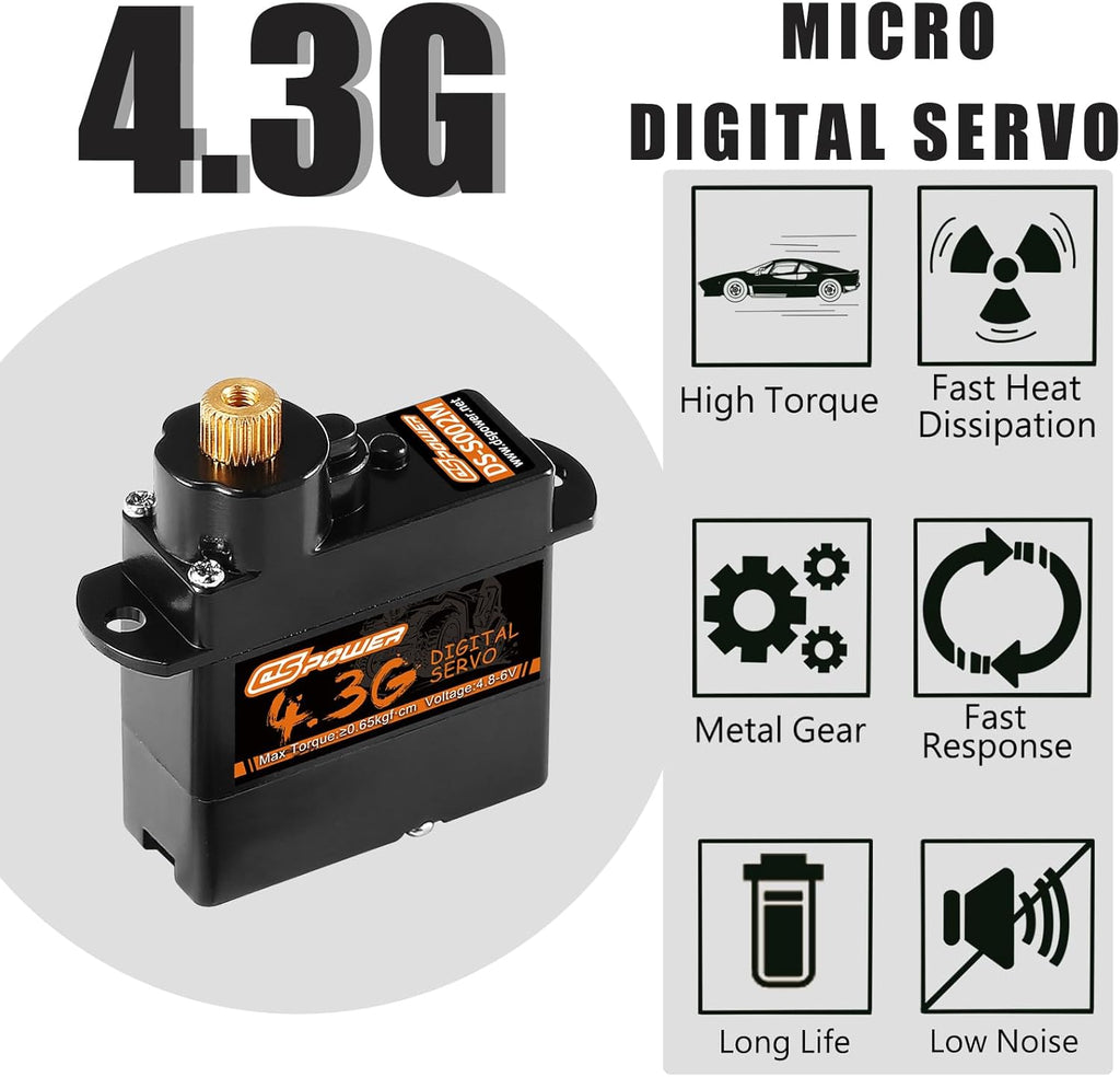 2PCS 4.3G Mini Servo, RC Micro Digital Servo Motor Metal Gear Coreless Steering Servos for Fixed-Wing Helicopter Airplane Drone 1/24 1/28 RC Car SCX24 Boat Robot Toy