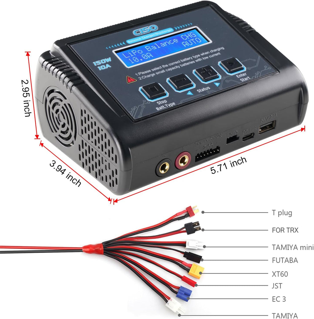 LiPo Battery Charger, 150W 10A RC Balance Fast Battery Charger Discharger for 1S-6S LiPo/Li-ion/Life/LiHV Battery 1-15S NiMH/NiCD PB Smart Batteries RC Car Drone