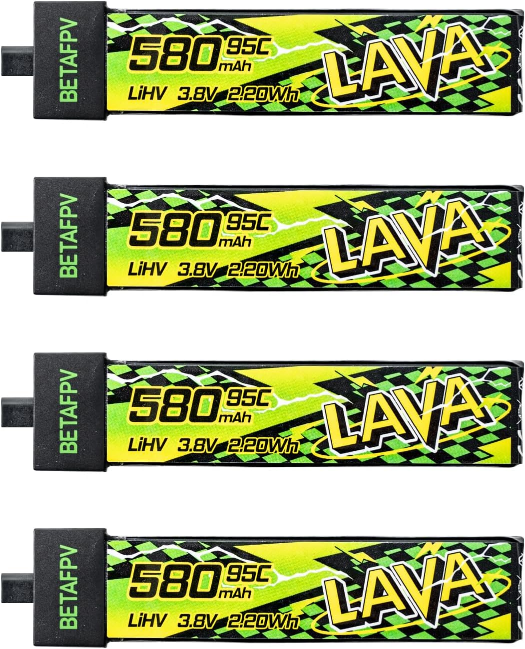 BETAFPV 4pcs Lava II 1S 580mAh Battery 3.8V 95C LiHV Battery with BT2.0 Connector Compatible with 1-2S Tiny Whoop Drone Quadcopter Like Air75, Meteor75 Pro, Cetus Pro, Cetus X Brushless Drones