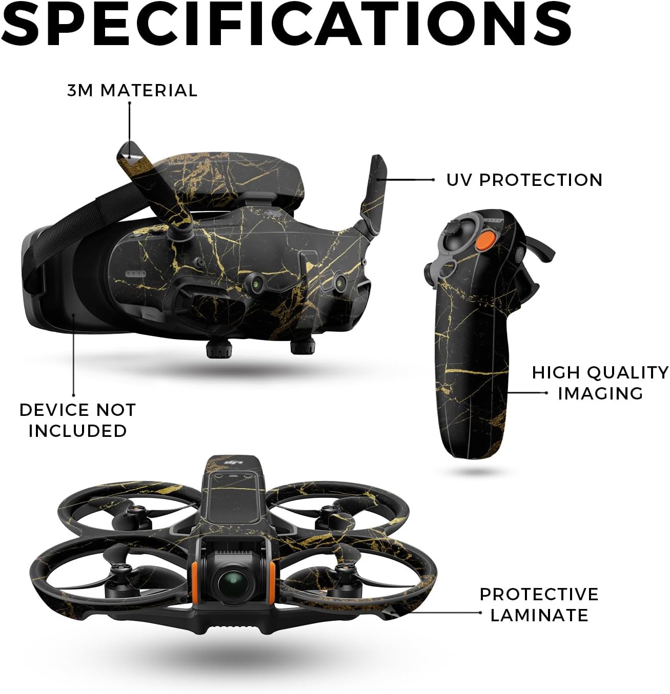 Drone Skin Compatible with DJI Avata 2 Bundle (2024) - Black Gold Marble - Premium 3M Vinyl Protective Wrap Decal Cover - Easy to Apply | Crafted in The USA by MightySkins