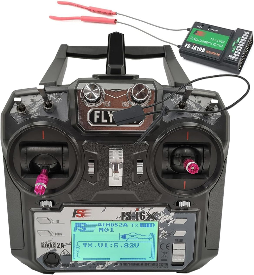 FS-i6X 10 Channels RC Transmitter and Receiver FS-iA10B 2.4GHz Fly AFHDS2A Sky Radio Control System for FPV Drone Quadrotor, Fixed Wing, RC Car and Boat (Mode 2 Left-Hand Throttle) Black